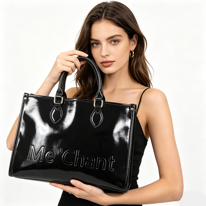 Top Handle Structured - Kadın Siyah Parlak Patent PU Deri