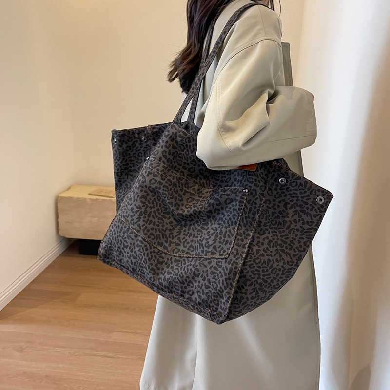Shopper Tote Canvas - Leopar Desenli Bez Çanta Vintage Kanvas