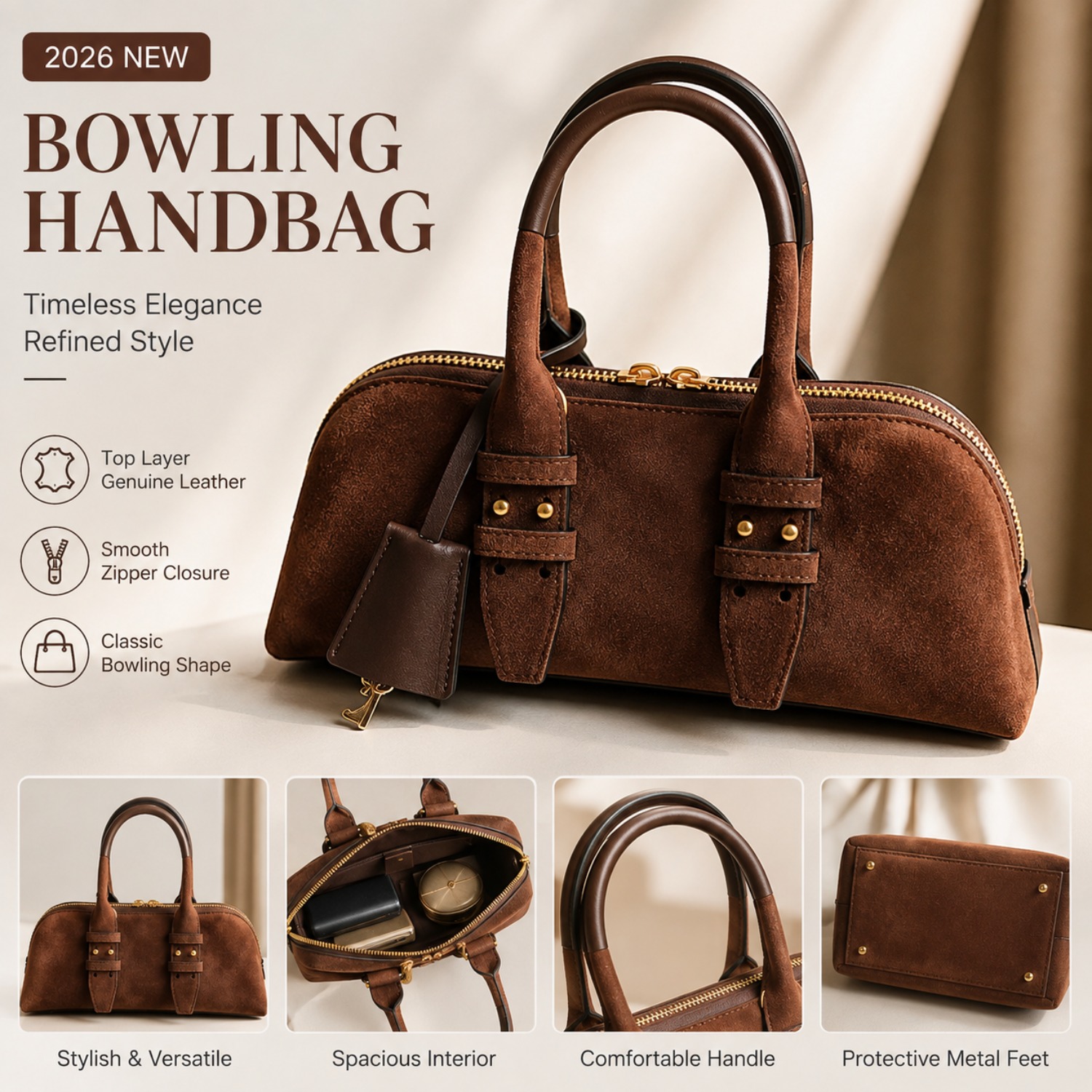 Top Handle Structured - Kadınlar için Hakiki Deri Bowling Çantası,