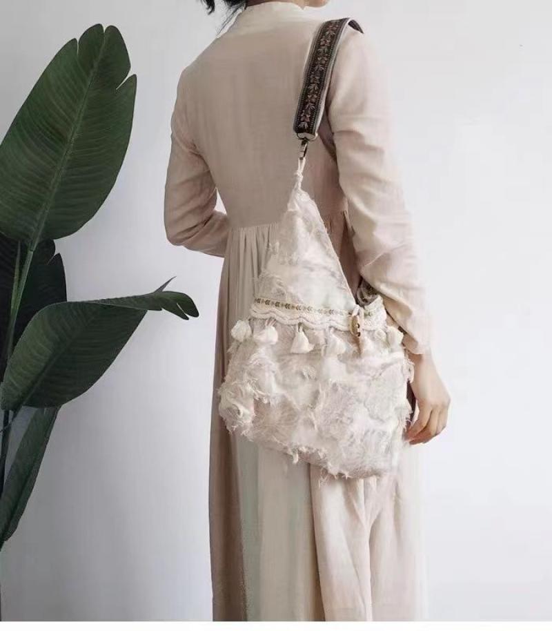 Shopper Tote Canvas - Retro Sanatsal Etnik Stil Sahte Püskül