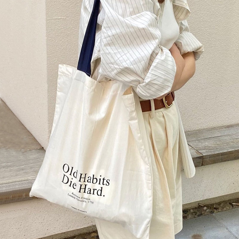 Shopper Tote Canvas - Basit Harfli Büyük Kapasiteli Tek Omuzlu