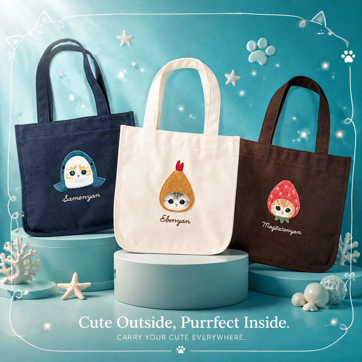 Shopper Tote Canvas - Japon Mofusand Tarzında Yeni Sevimli Köpekbalığı